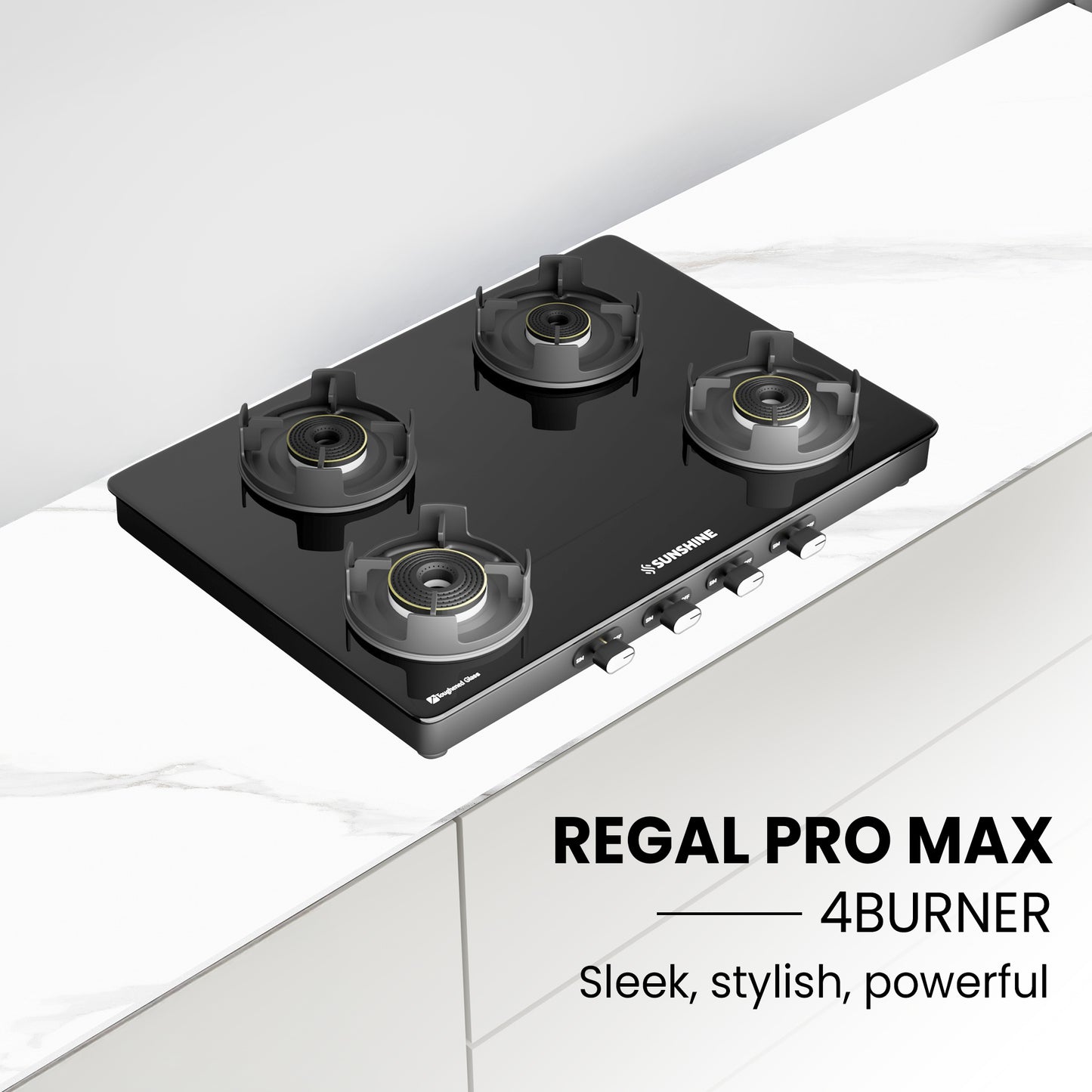 Sunshine Regal Pro Max 4 Burner Gas Stove Toughened Glass Cooktop Manual Ignition