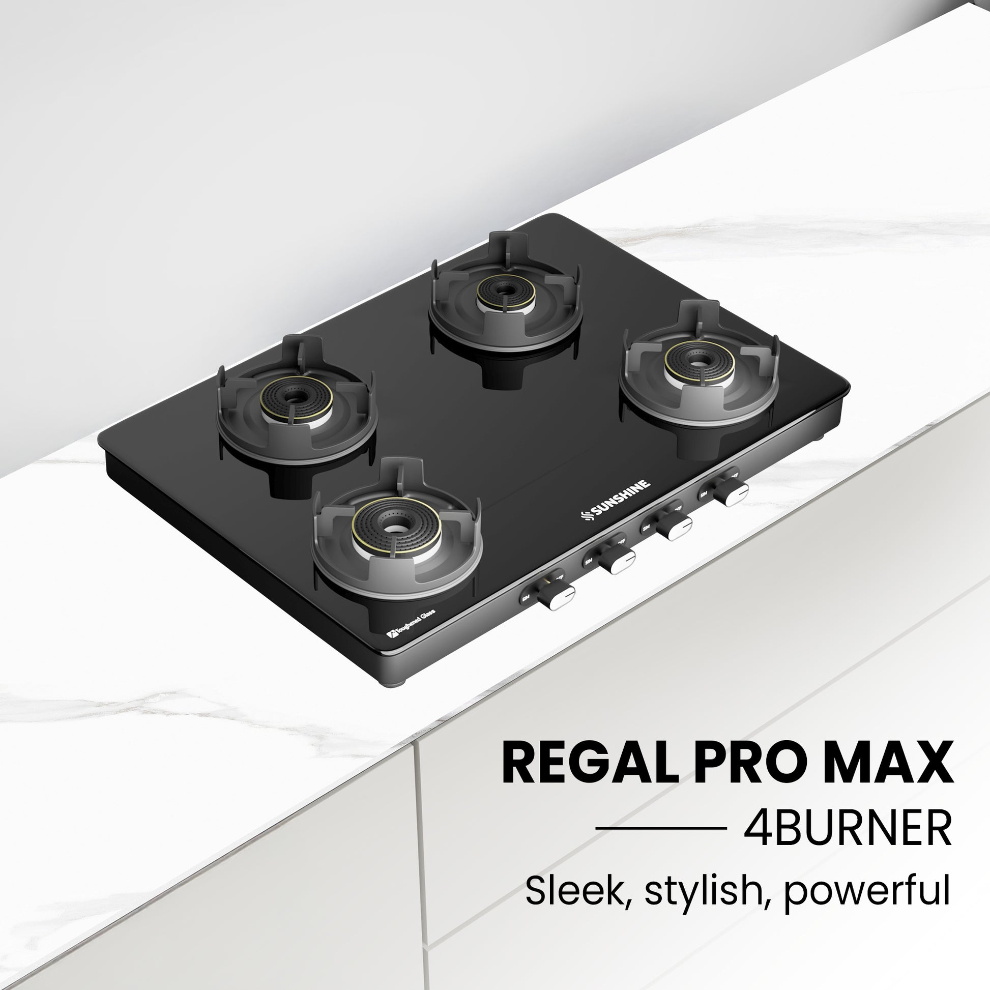 Sunshine Regal Pro Max 4 Burner Gas Stove Toughened Glass Cooktop Manual Ignition