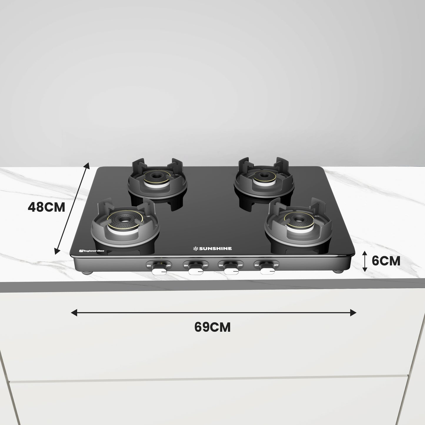 Sunshine Regal Pro Max 4 Burner Gas Stove Toughened Glass Cooktop Manual Ignition