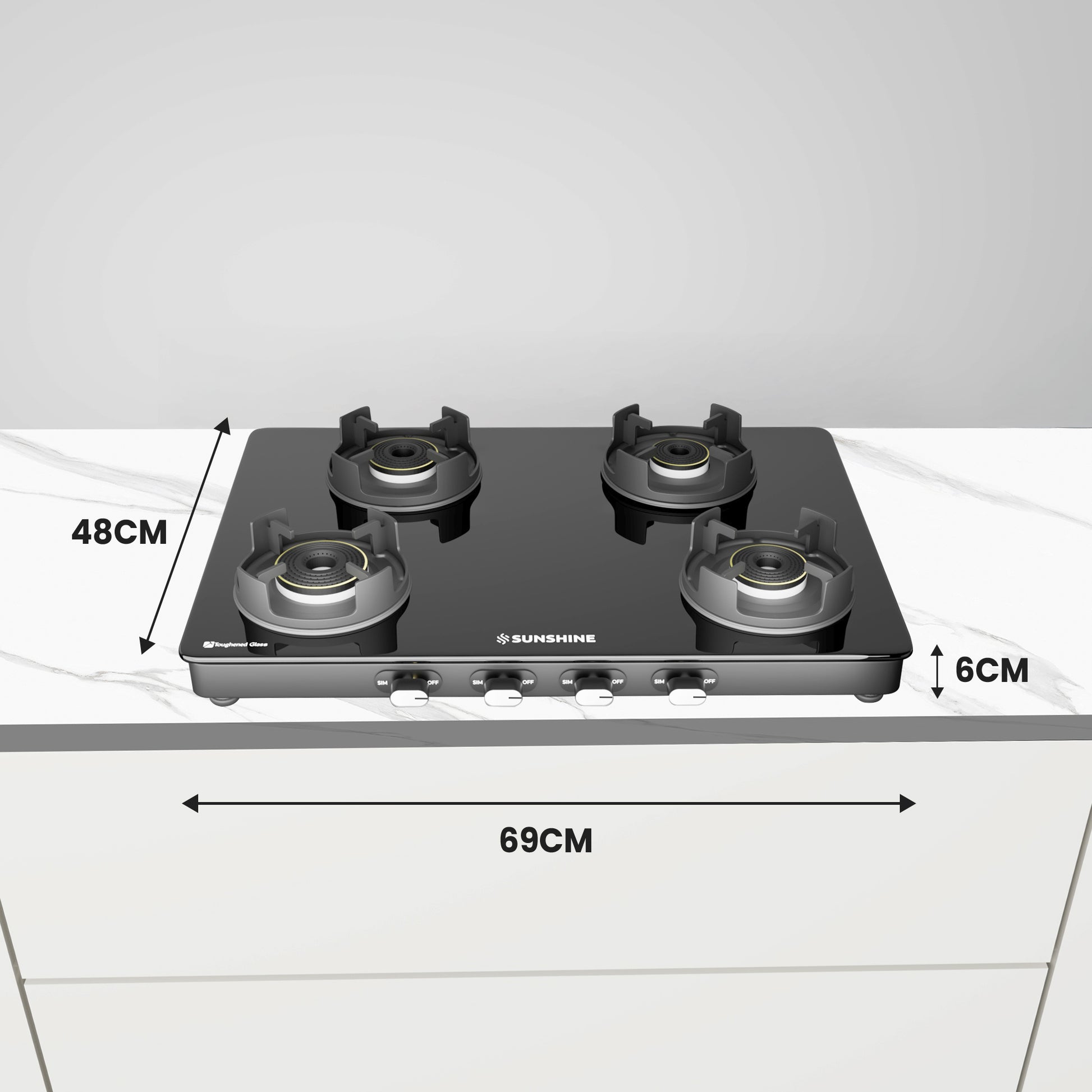 Sunshine Regal Pro Max 4 Burner Gas Stove Toughened Glass Cooktop Manual Ignition