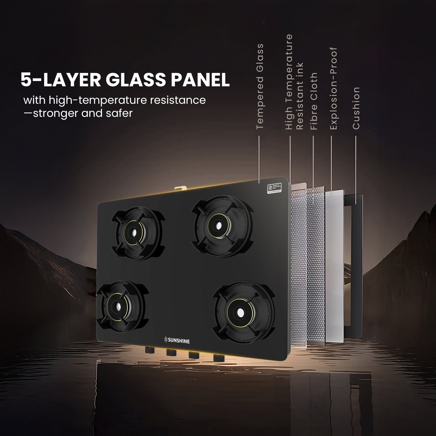 Sunshine Regal Pro Max 4 Burner Gas Stove Toughened Glass Cooktop Manual Ignition