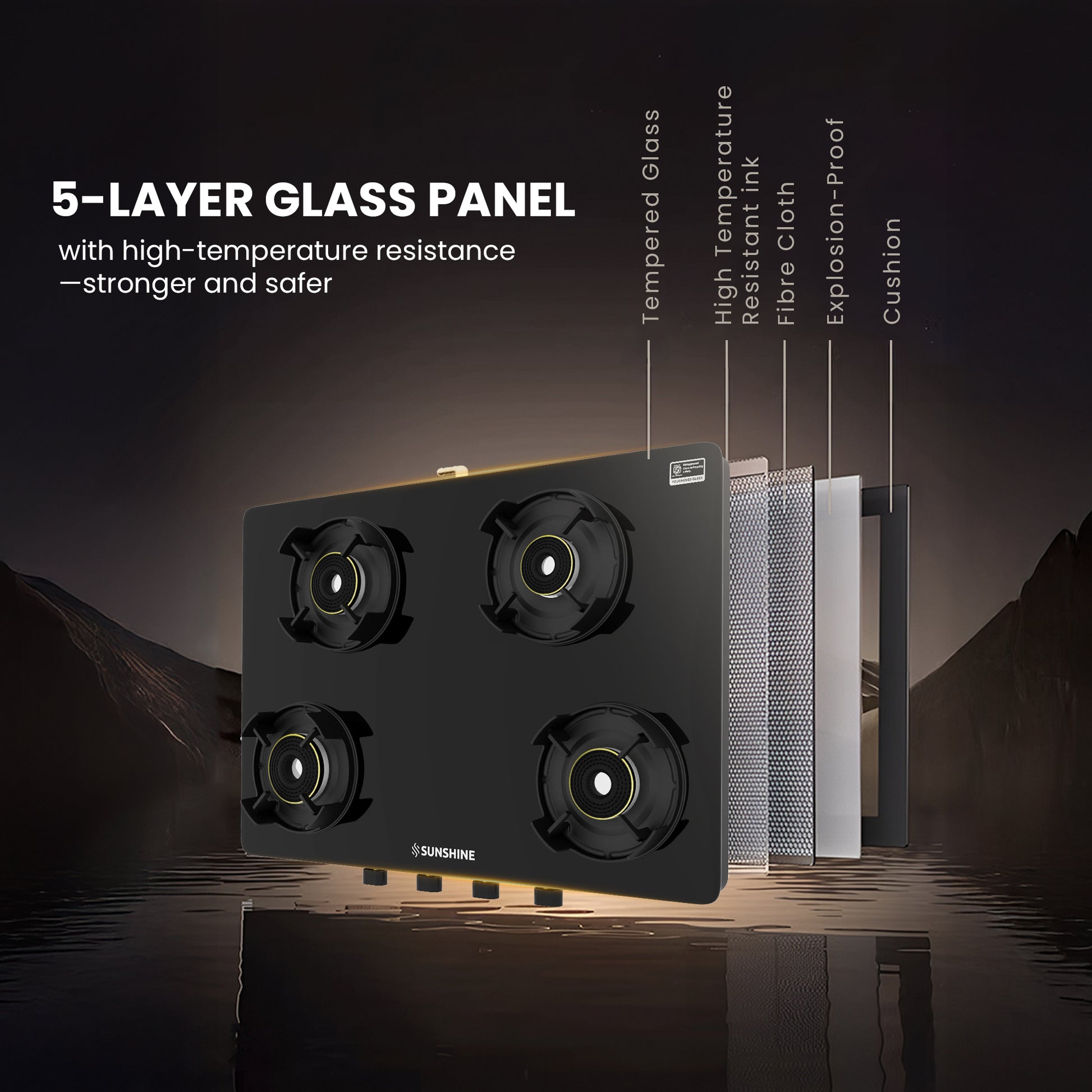 Sunshine Regal Pro Max 4 Burner Gas Stove Toughened Glass Cooktop Manual Ignition