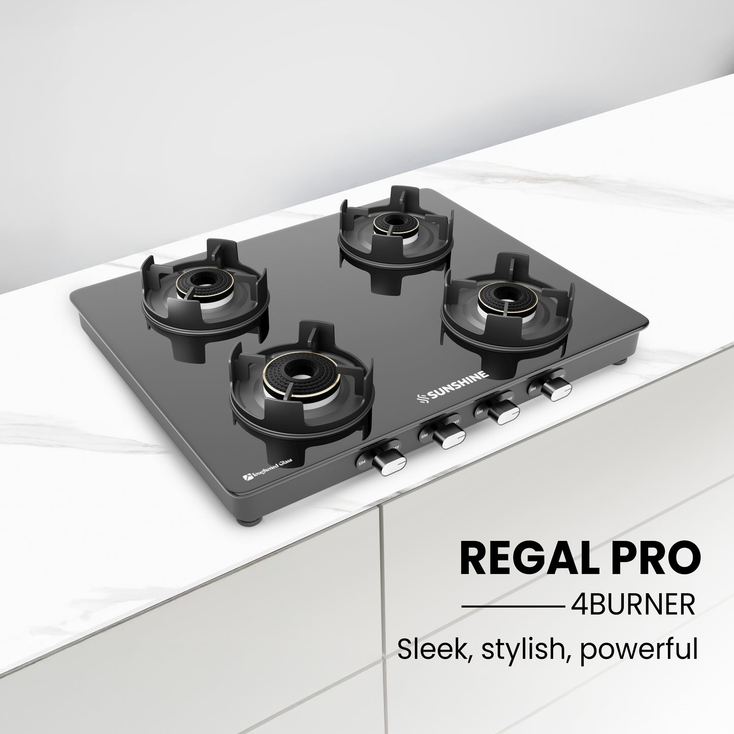 Sunshine Regal Pro 4 Burner Gas Stove Toughened Glass Cooktop Manual Ignition