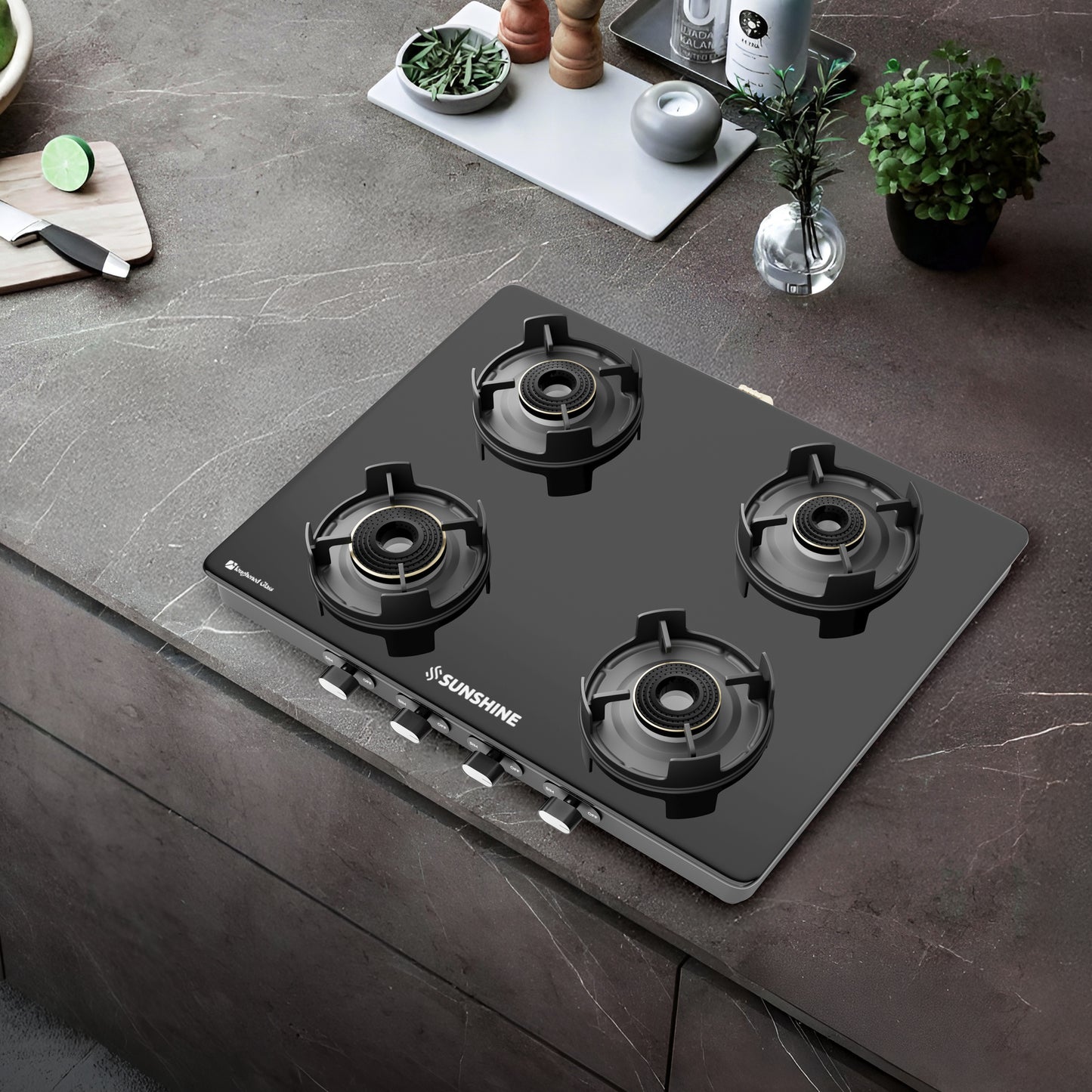 Sunshine Regal Pro 4 Burner Gas Stove Toughened Glass Cooktop Manual Ignition