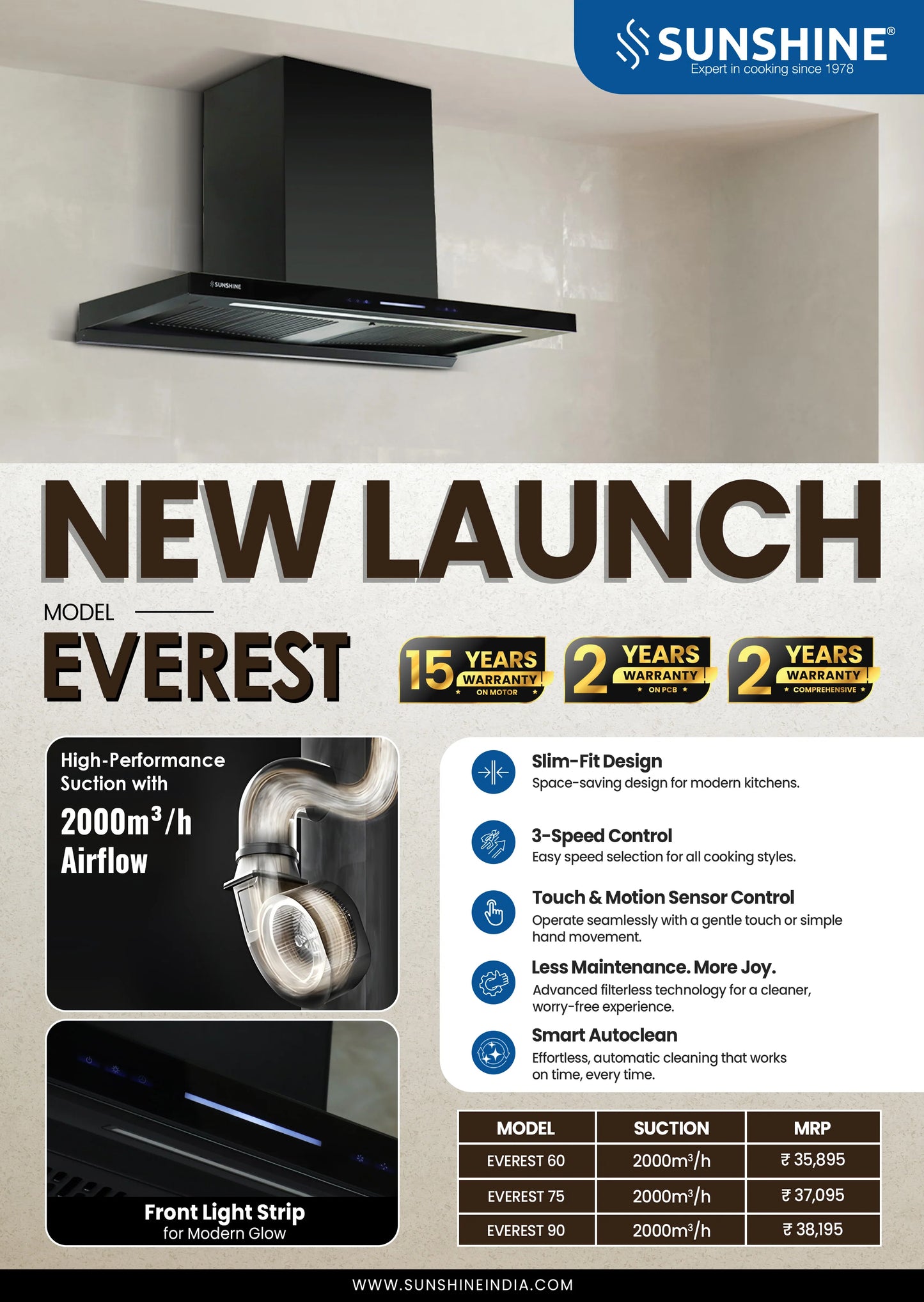 Everest Chimney | 2000 m³/hr Suction | 15 Years Warranty on Motor