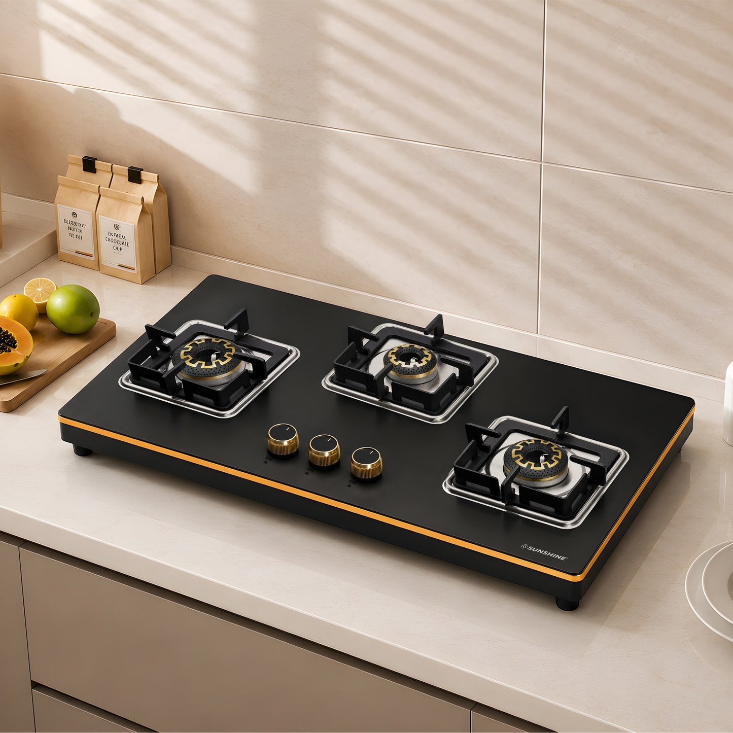 Shine Gold Hob Cooktop | SABAF Italian Valves | 3 & 4 Burners