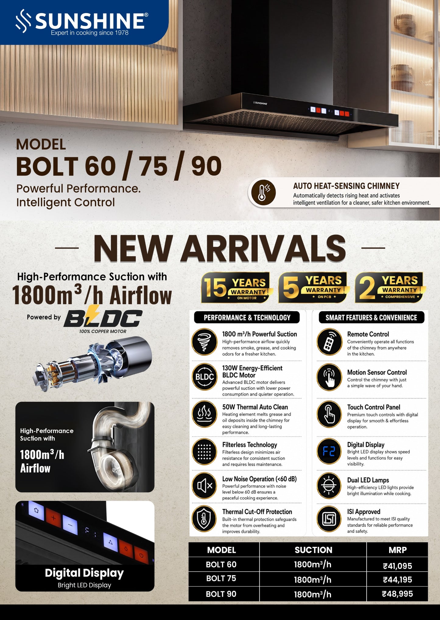 Bolt Chimney BLDC Motor Auto Clean 1800 m³/hr
