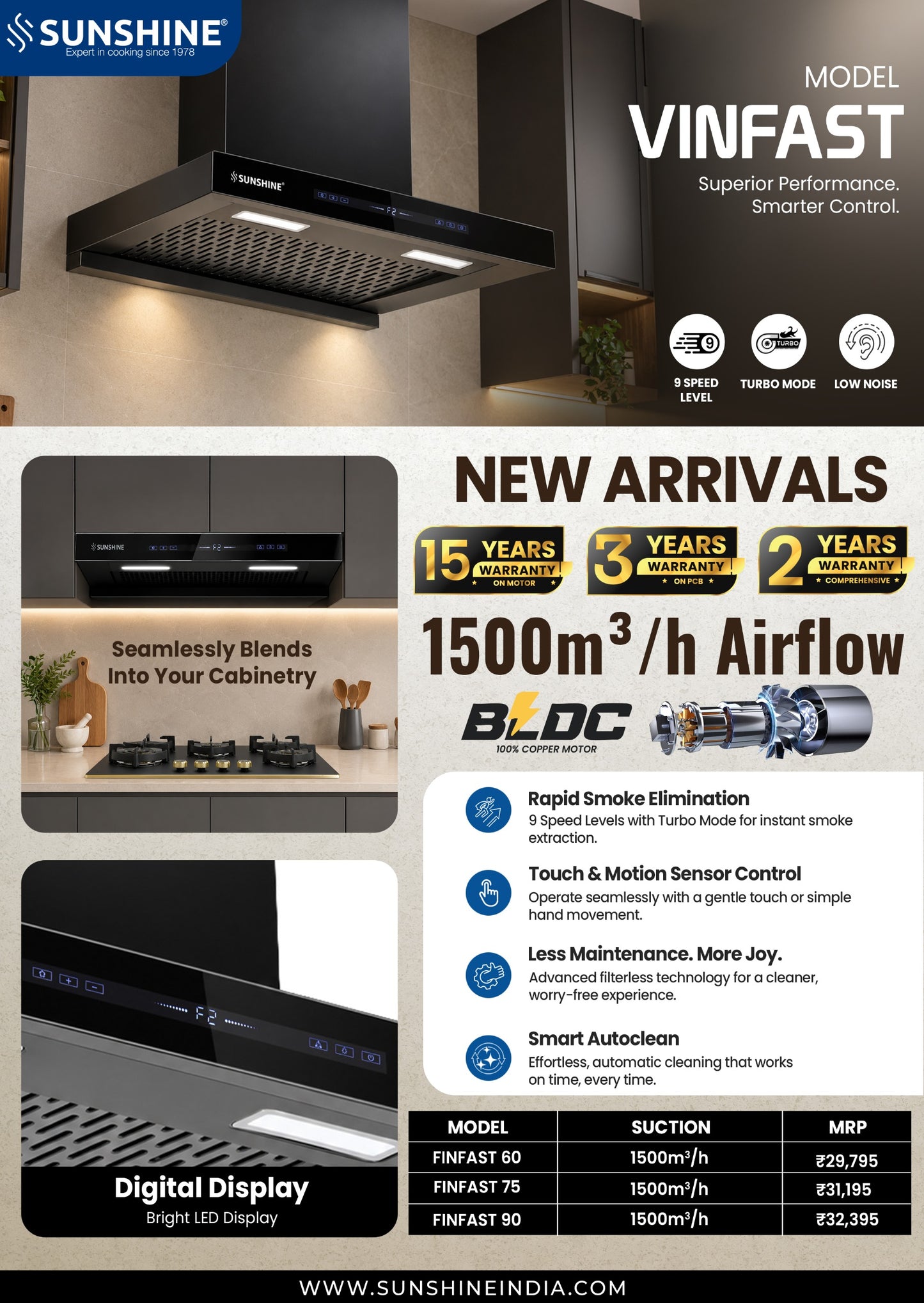 Vinfast BLDC Chimney | 1500 m³/h | 9-Speed | Auto Clean