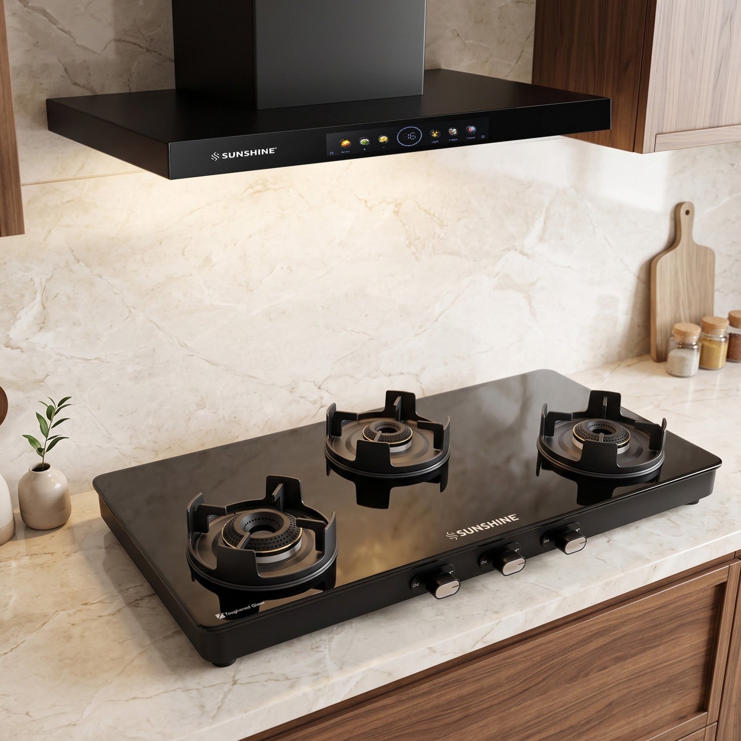 Sunshine Regal Pro 3 Burner Gas Stove Toughened Glass Cooktop Manual Ignition