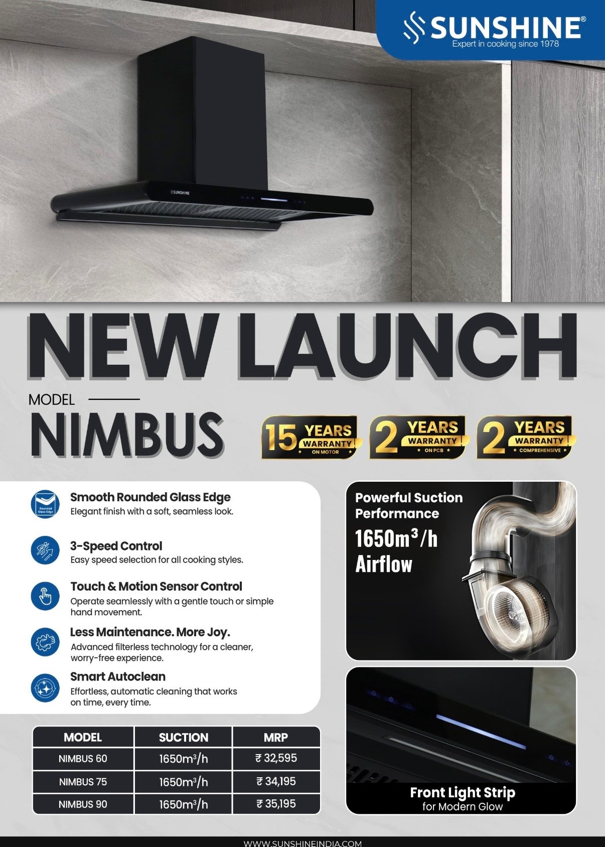 Nimbus Filterless Auto Clean Kitchen Chimney | 1650 m³/h