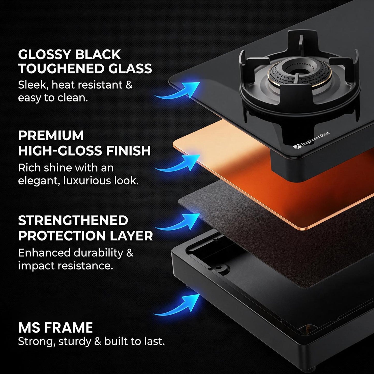 Sunshine Regal Pro 4 Burner Gas Stove Toughened Glass Cooktop Manual Ignition