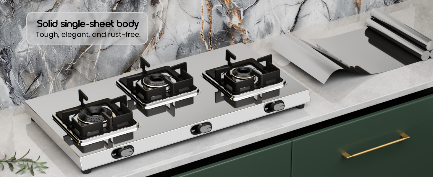 Sunshine Thunder 3 Burner | 3 Burner Stainless Steel Gas Stove | 5 Year Body & Burner Warranty By Sunshine | 5G Technology, LPG Ready & PNG Compatible (Silver)