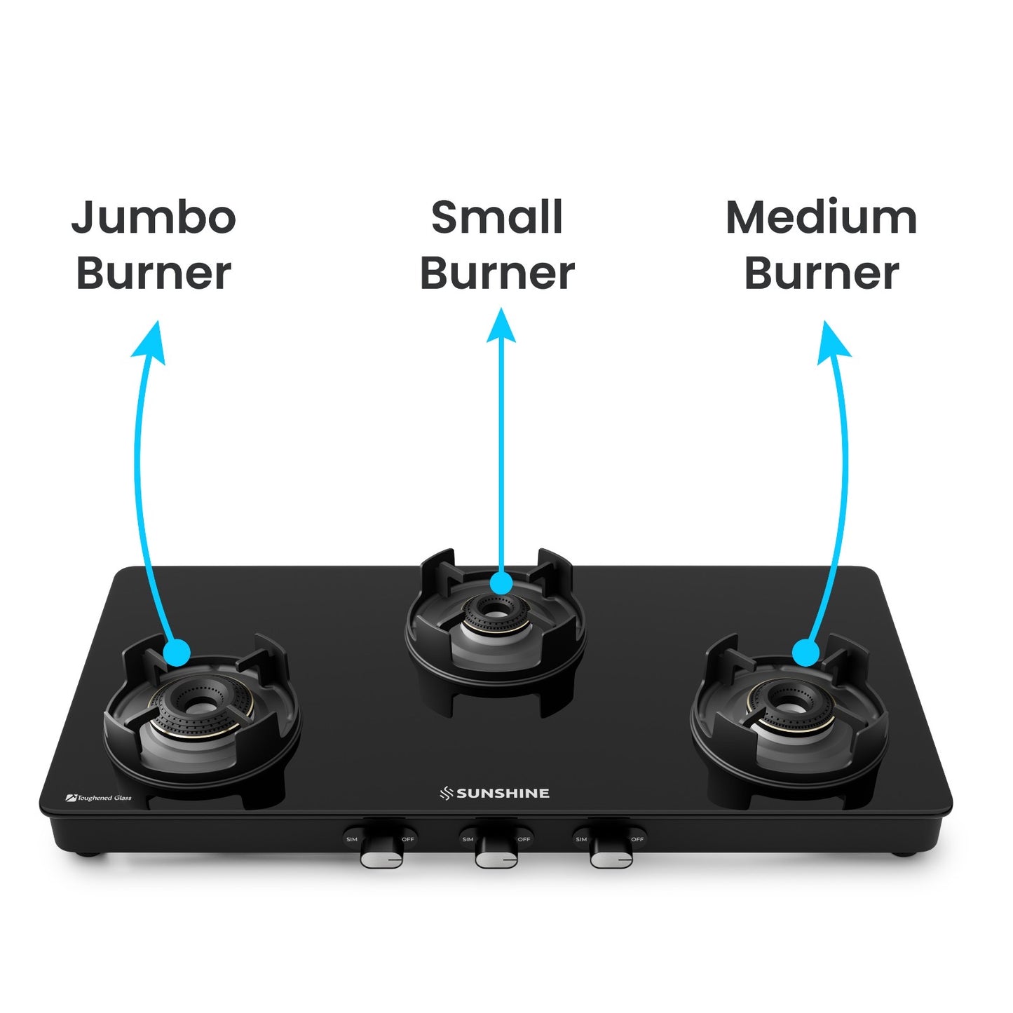 Sunshine Regal Pro 3 Burner Gas Stove Toughened Glass Cooktop Manual Ignition