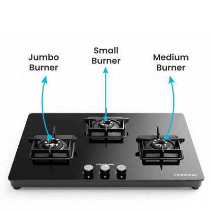 Magnite 3 Burner Glass Hob Top | SABAF Valves | Manual Ignition