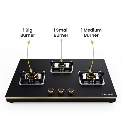Shine Gold Hob Cooktop | SABAF Italian Valves | 3 & 4 Burners