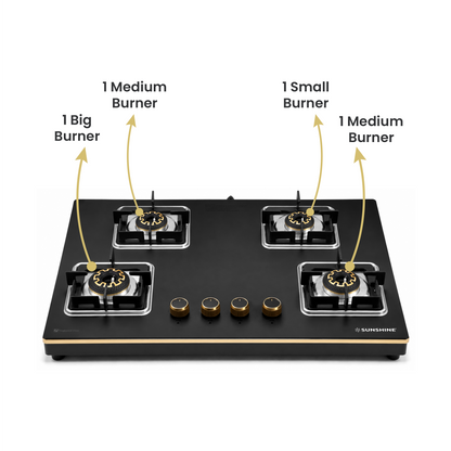 Shine Gold Hob Cooktop | SABAF Italian Valves | 3 & 4 Burners