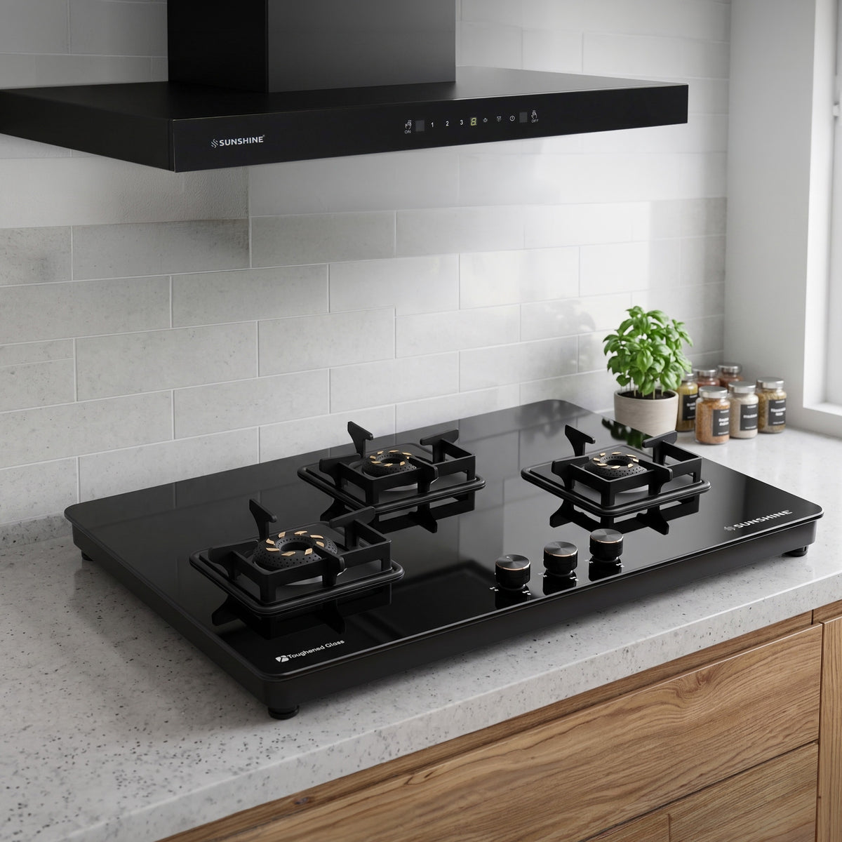 Magnite 3 Burner Glass Hob Top | SABAF Valves | Manual Ignition
