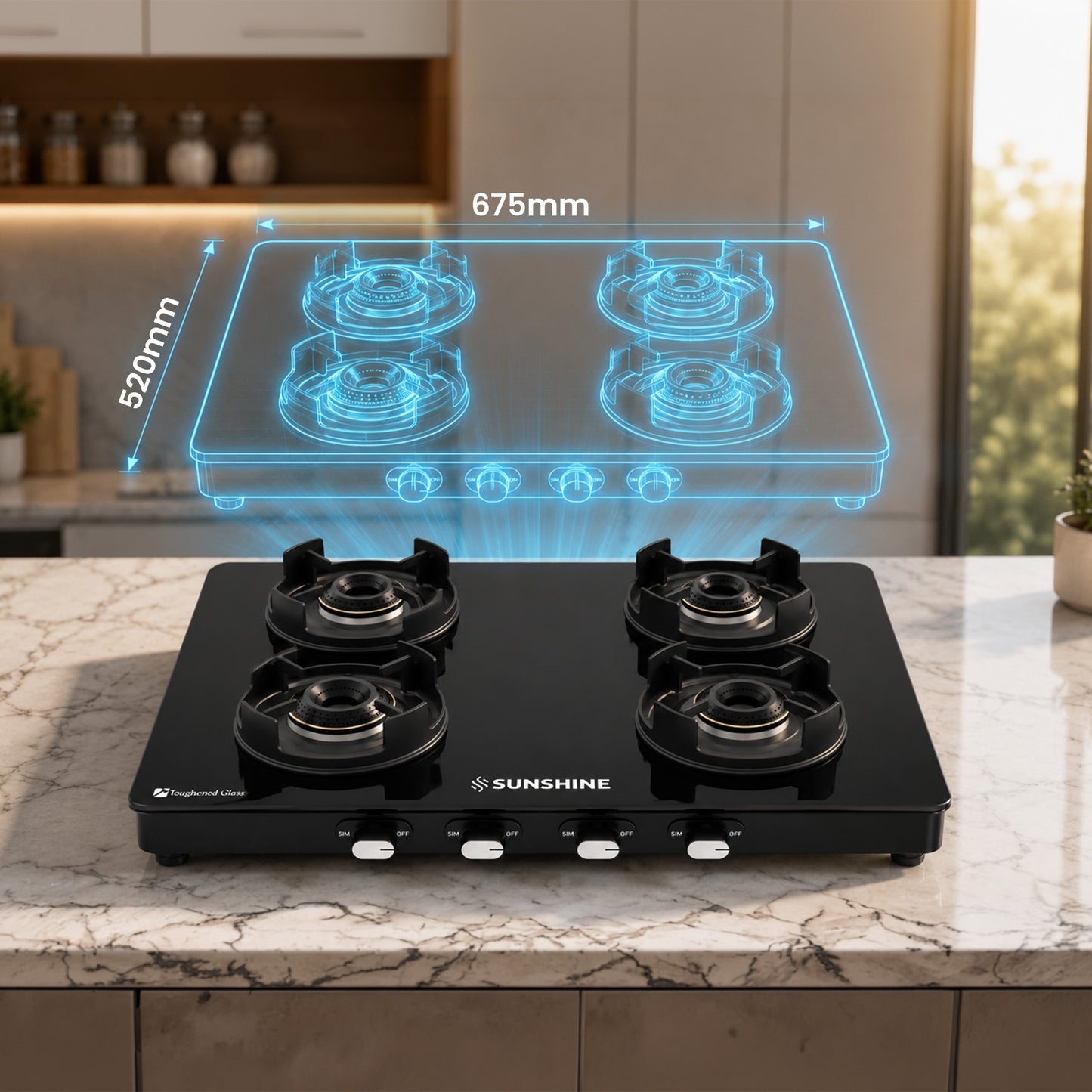 Sunshine Regal Pro 4 Burner Gas Stove Toughened Glass Cooktop Manual Ignition
