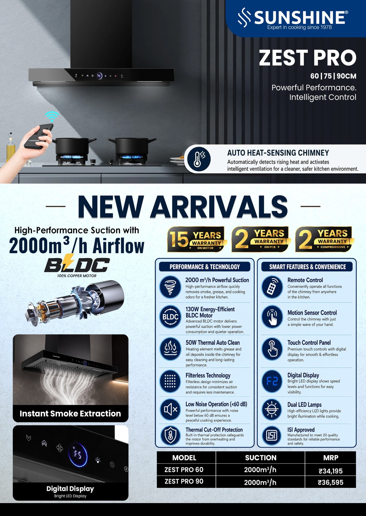 Sunshine Zest Pro Auto Heat Sensing Kitchen Chimney | 2000 m³/hr BLDC