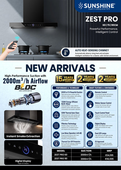 Sunshine Zest Pro Auto Heat Sensing Kitchen Chimney | 2000 m³/hr BLDC
