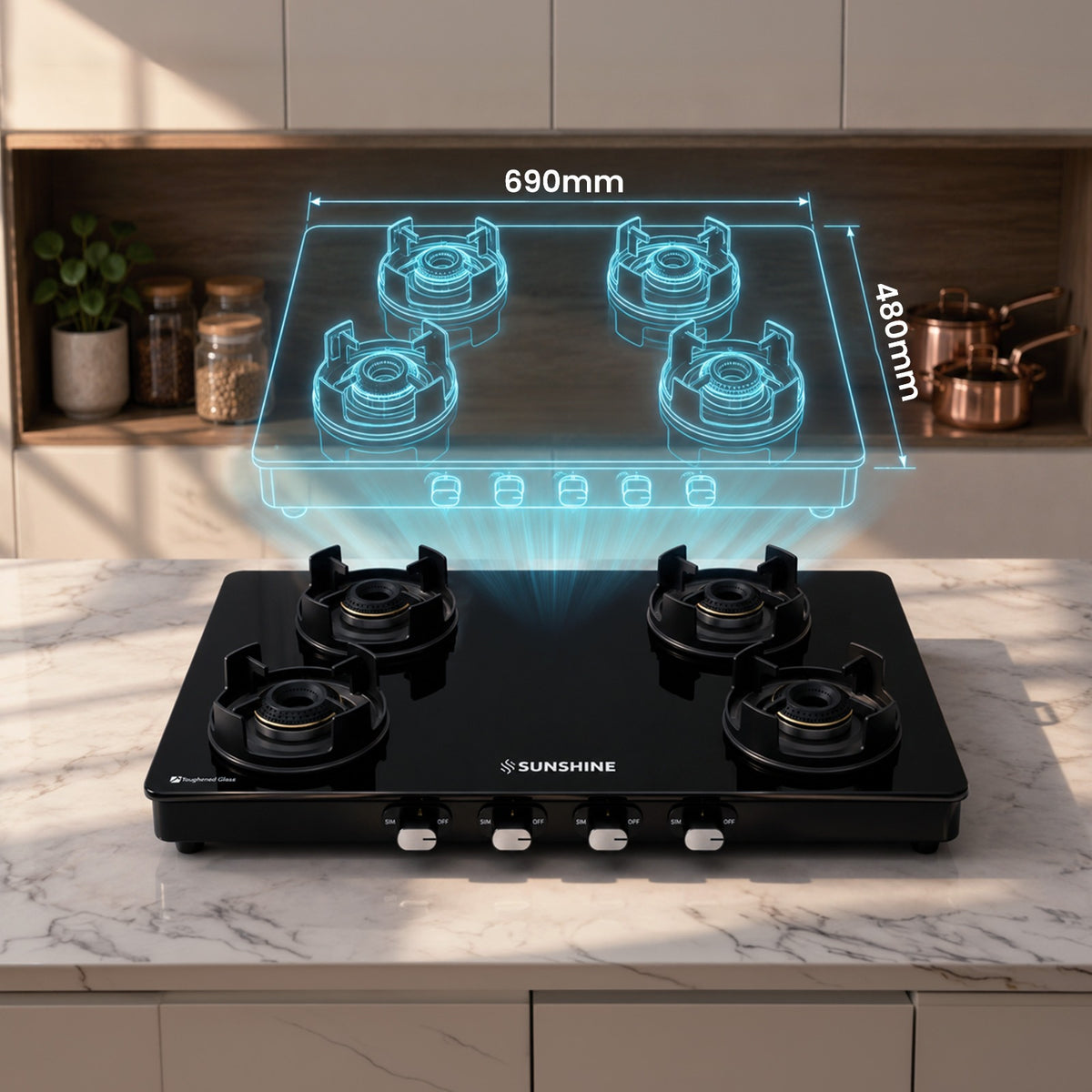 Sunshine Regal Pro Max 4 Burner Gas Stove Toughened Glass Cooktop Manual Ignition