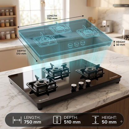 Magnite 3 Burner Glass Hob Top | SABAF Valves | Manual Ignition