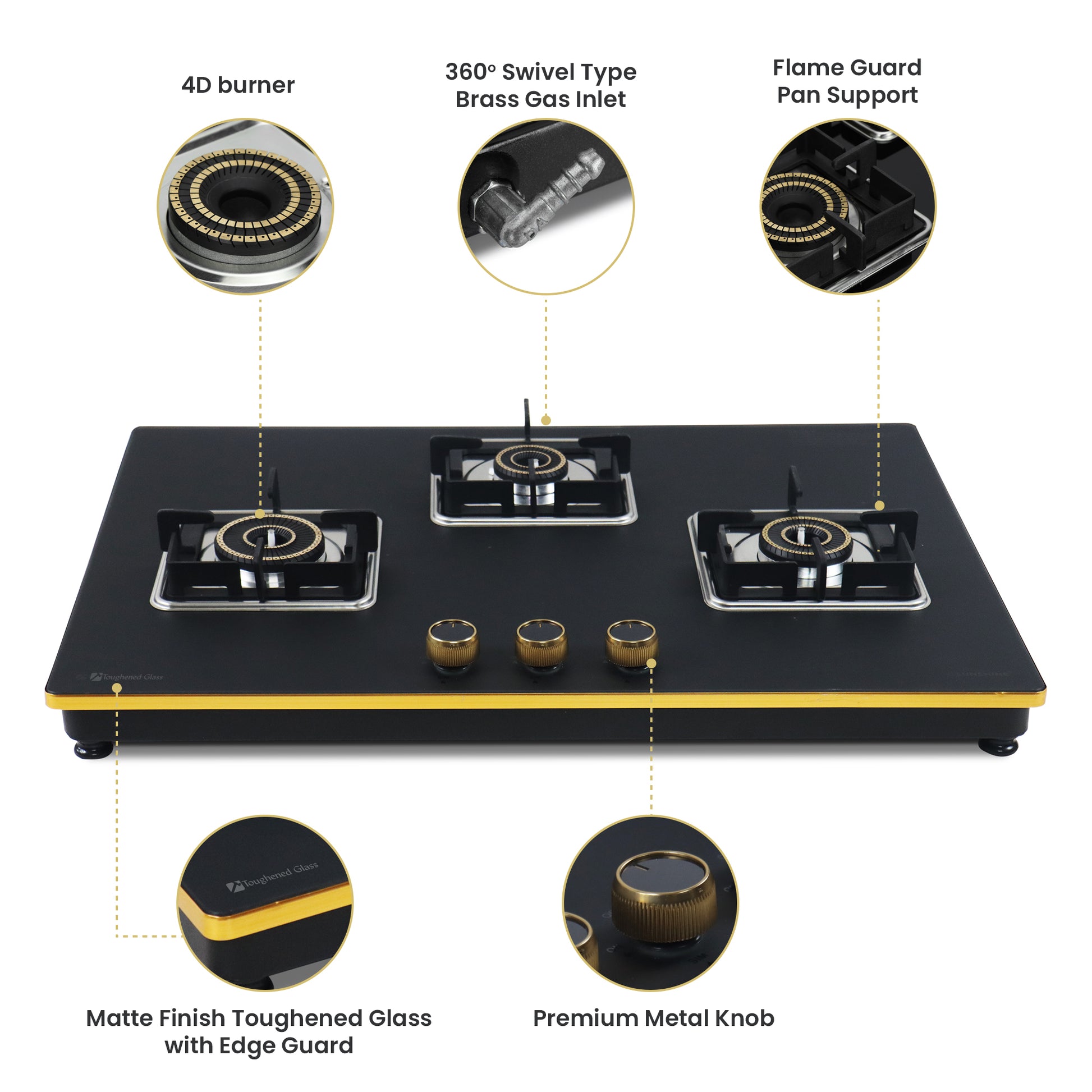 Sunshine Shine Gold Three Burner Gas Stove/Hob Top Auto Ignition