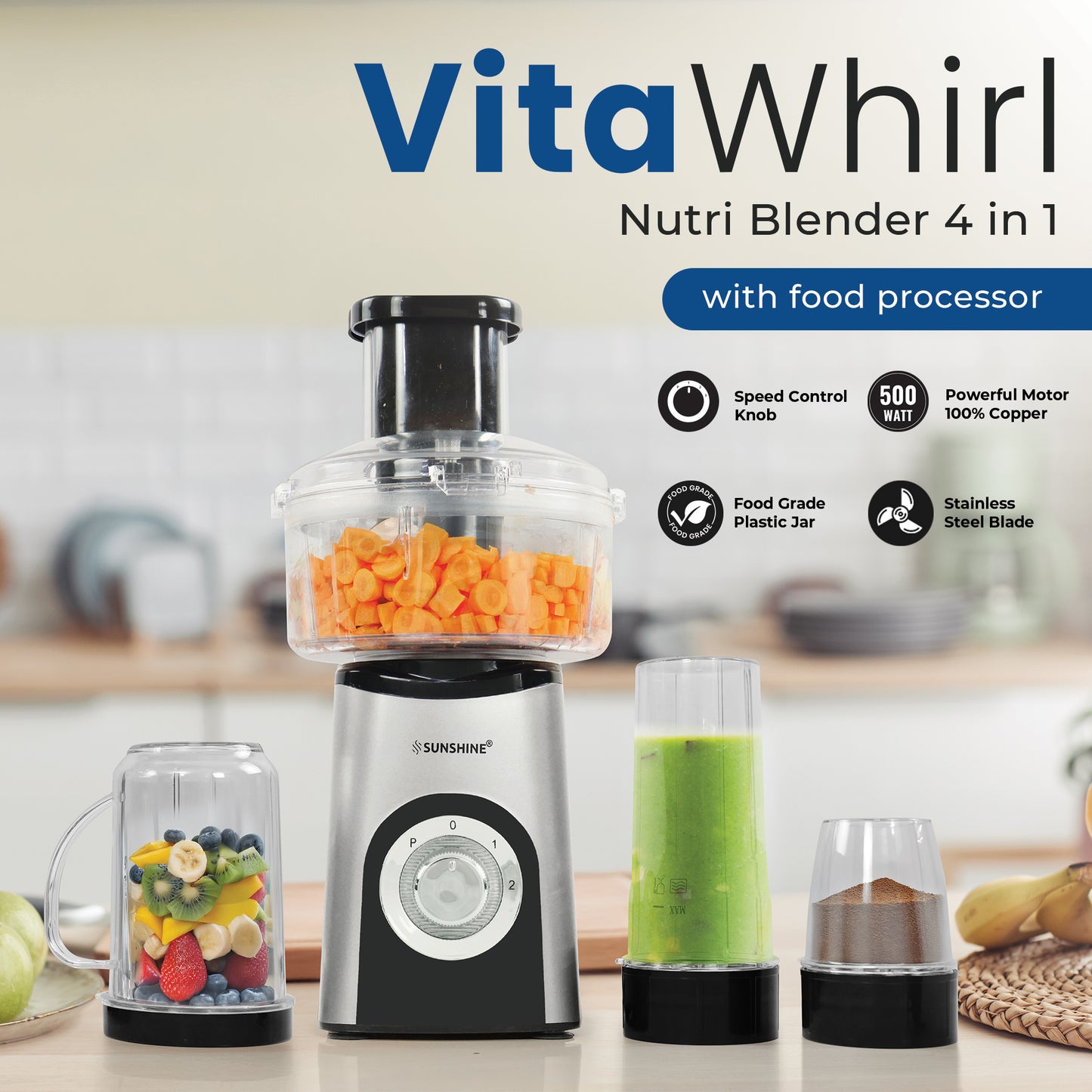 Sunshine Nutri Whirl 4 In 1 Nutri Blender, Powerful 500 Watts Pure Copper Motor, Blender for Food processor and Juices, Stainless Steel Body, 2 Blade Set: Wet & Dry