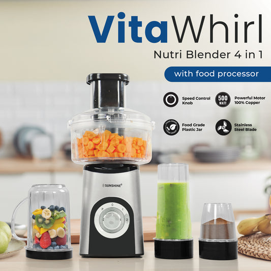 Sunshine Nutri Whirl 4 In 1 Nutri Blender, Powerful 500 Watts Pure Copper Motor, Blender for Food processor and Juices, Stainless Steel Body, 2 Blade Set: Wet & Dry