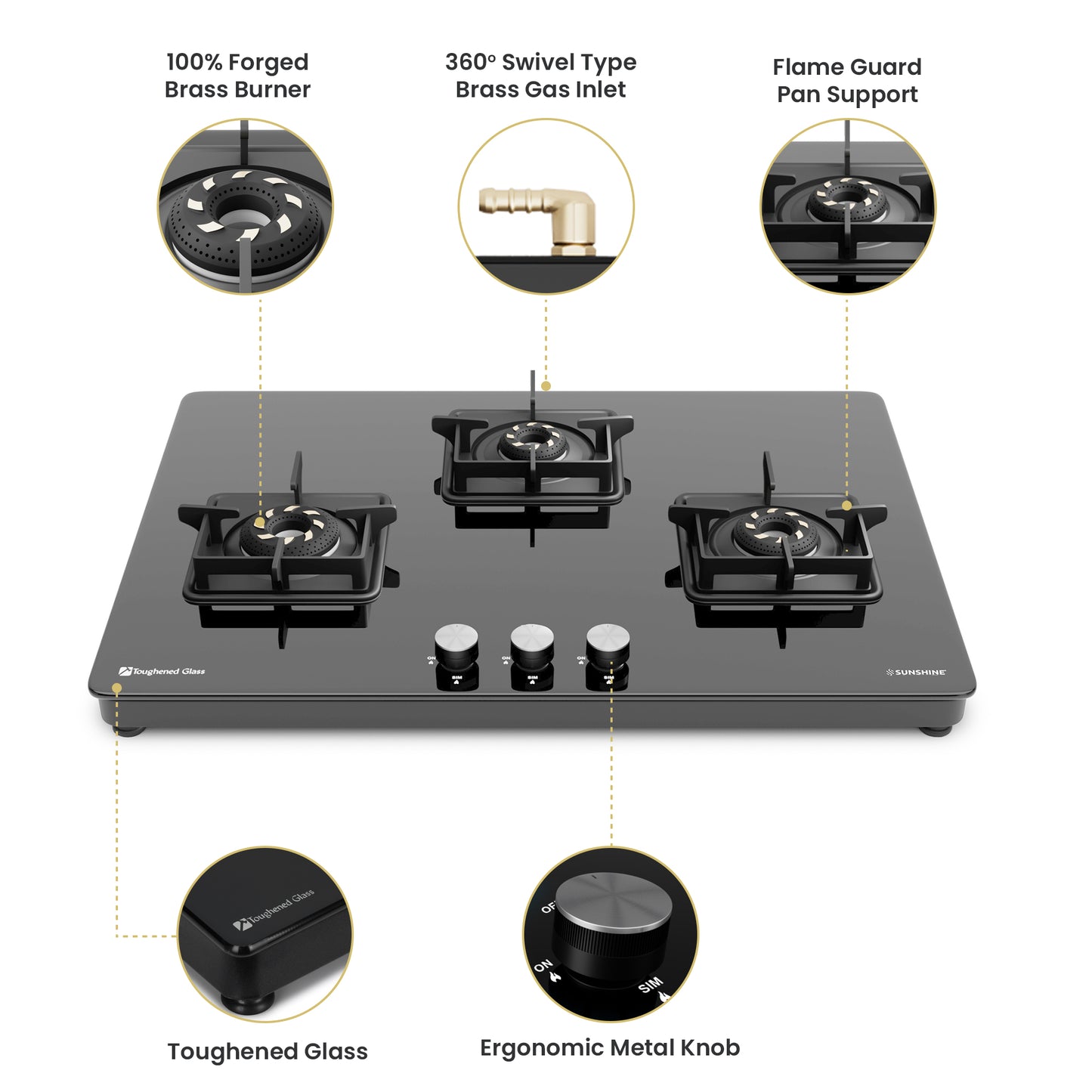 Sunshine Slimmest Magnite 3 Burner Glass Hob Top Cooktop Manual Ignition
