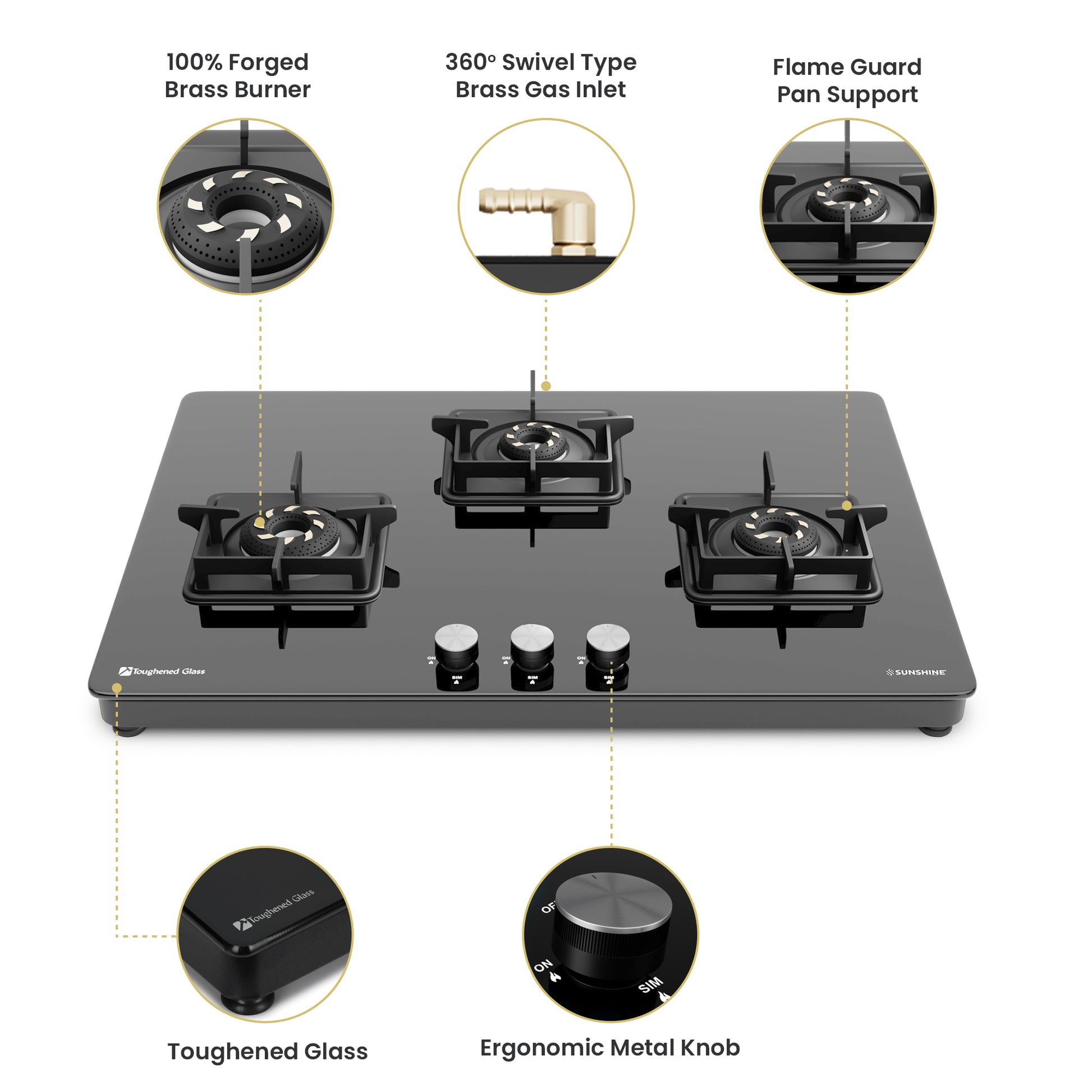 Sunshine Slimmest Magnite 3 Burner Glass Hob Top Cooktop Manual Ignition