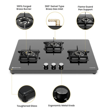 Sunshine Slimmest Magnite 3 Burner Glass Hob Top Cooktop Manual Ignition