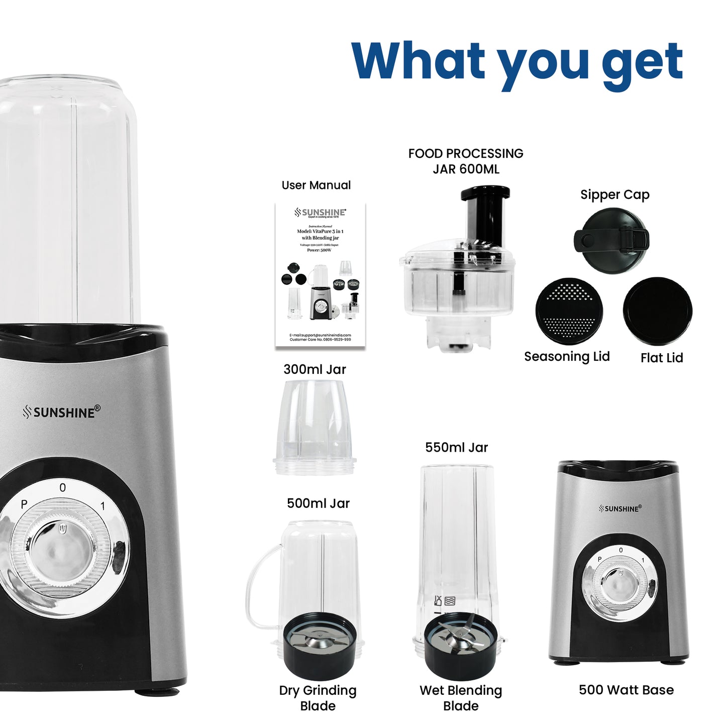 Sunshine Nutri Whirl 4 In 1 Nutri Blender, Powerful 500 Watts Pure Copper Motor, Blender for Food processor and Juices, Stainless Steel Body, 2 Blade Set: Wet & Dry