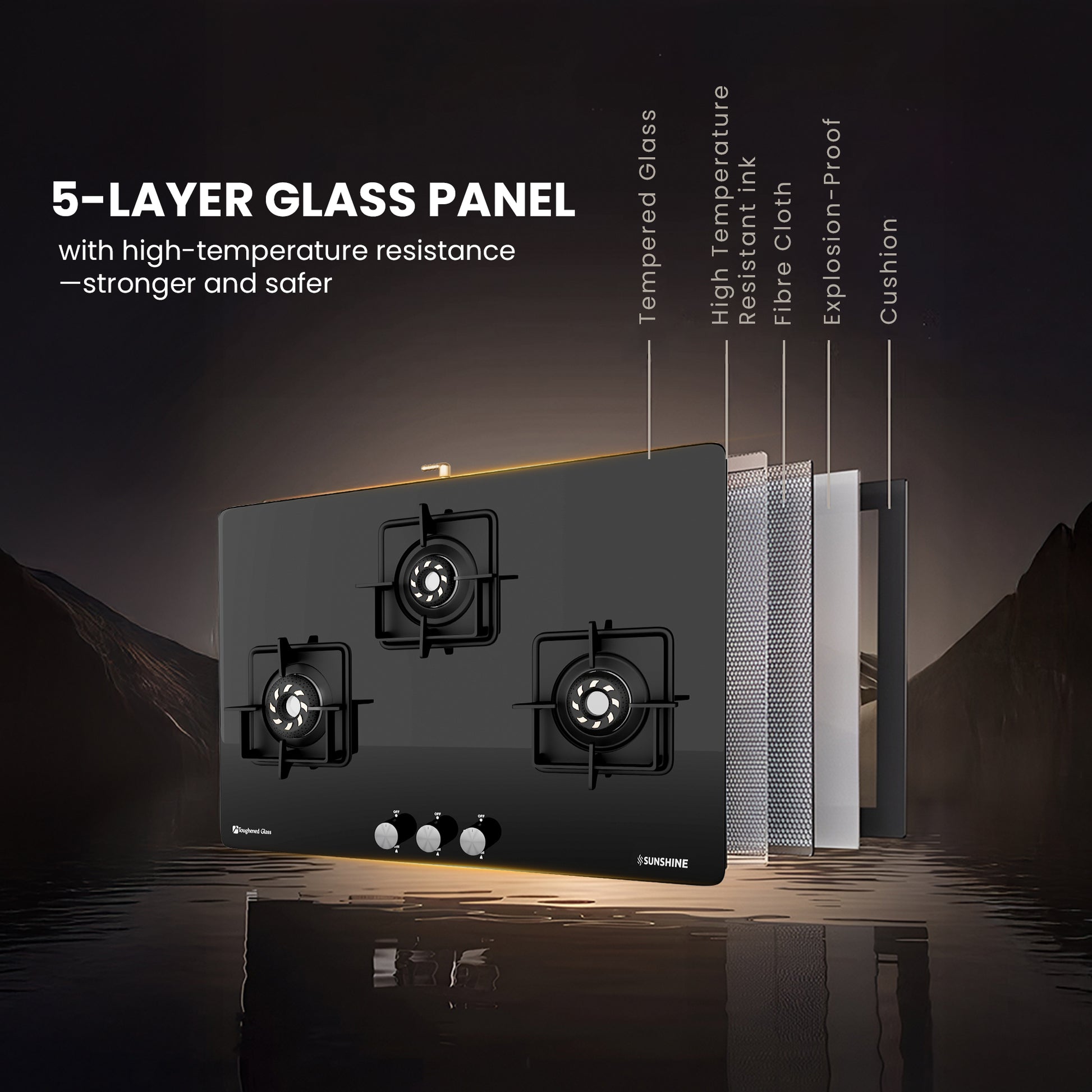 Sunshine Slimmest Magnite 3 Burner Glass Hob Top Cooktop Manual Ignition