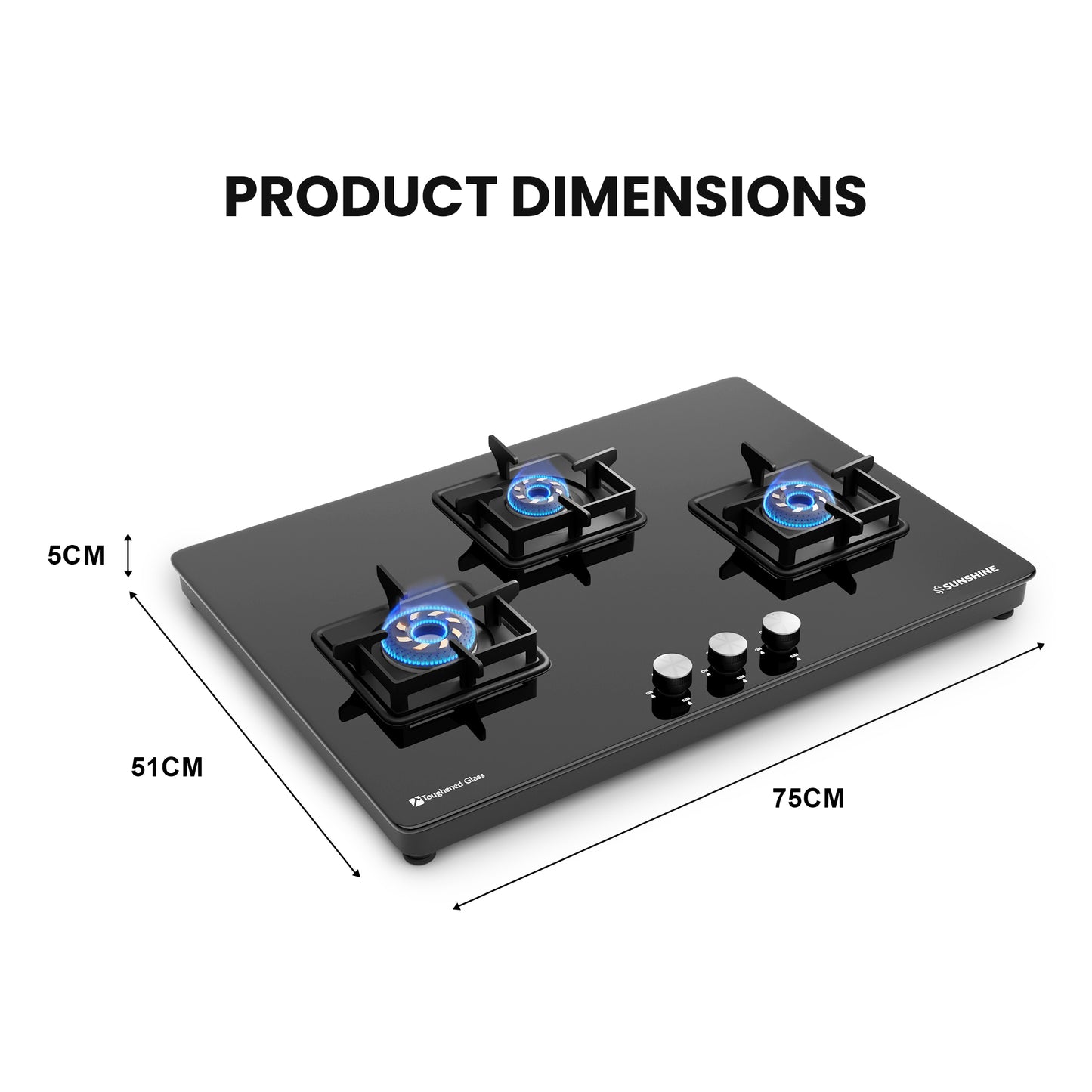 Sunshine Slimmest Magnite 3 Burner Glass Hob Top Cooktop Manual Ignition