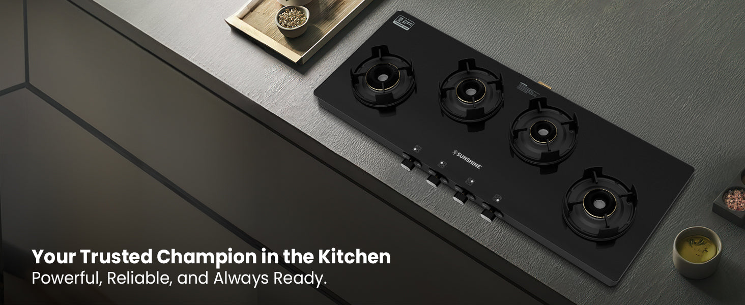 Sunshine Regal Excel Pro 4 Burner Gas Stove Toughened Glass Cooktop Manual Ignition