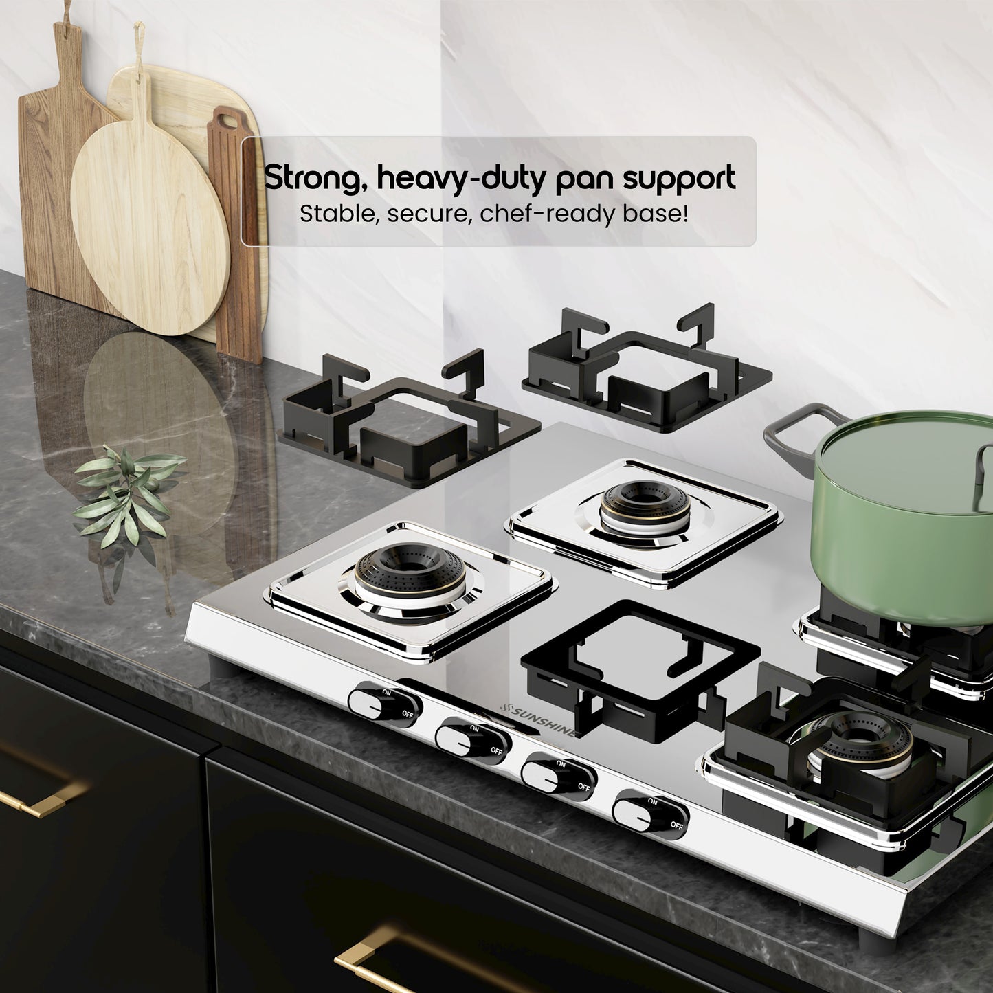 Sunshine Thunder 4 Burner | 4 Burner Stainless Steel Gas Stove | 5 Year Body & Burner Warranty By Sunshine | 5G Technology, LPG Ready & PNG Compatible (Silver)