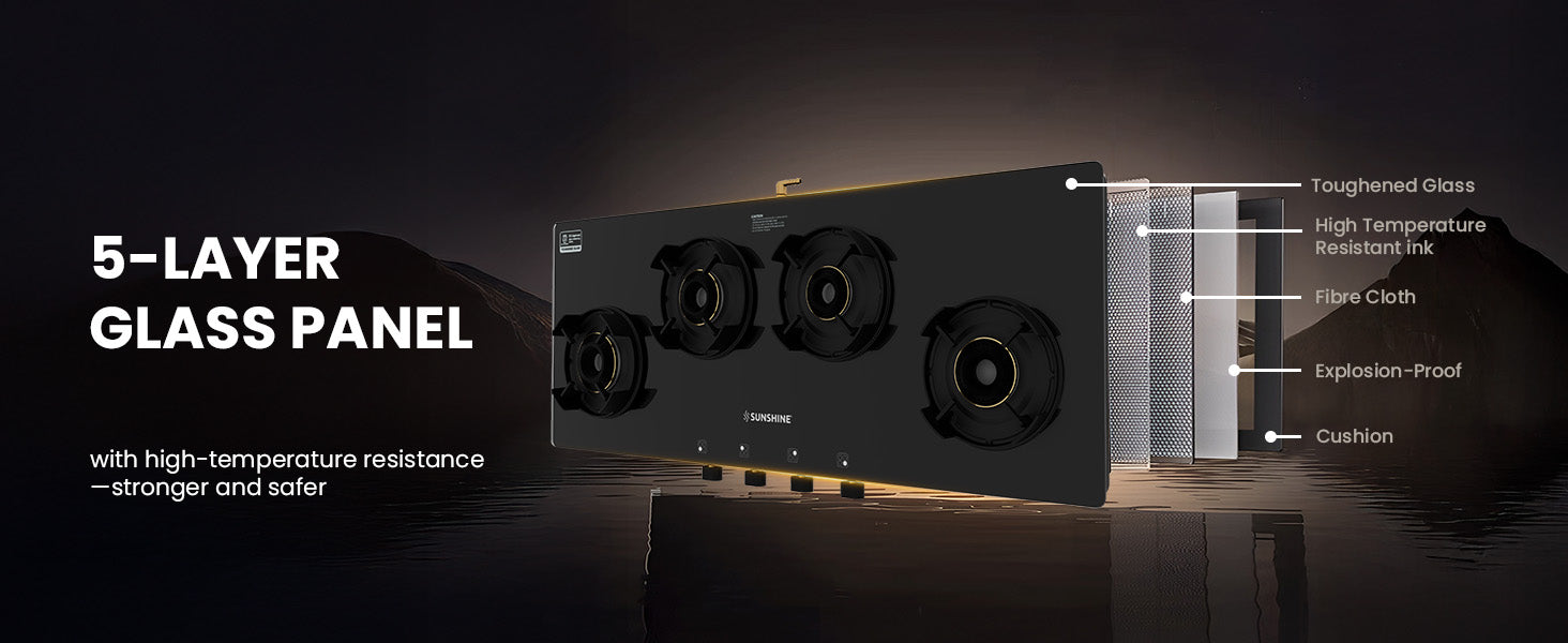 Sunshine Regal Excel Pro 4 Burner Gas Stove Toughened Glass Cooktop Manual Ignition