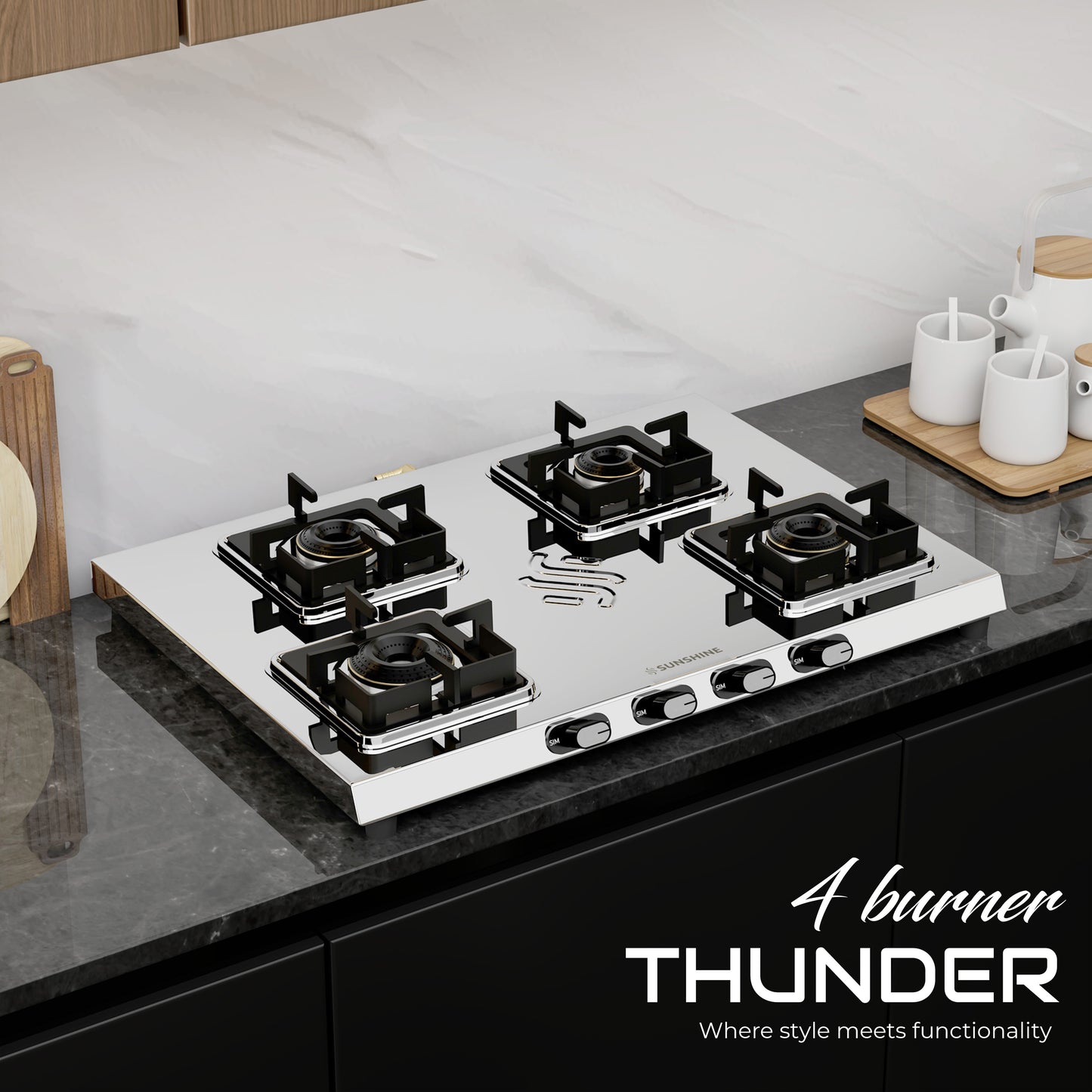Sunshine Thunder 4 Burner | 4 Burner Stainless Steel Gas Stove | 5 Year Body & Burner Warranty By Sunshine | 5G Technology, LPG Ready & PNG Compatible (Silver)