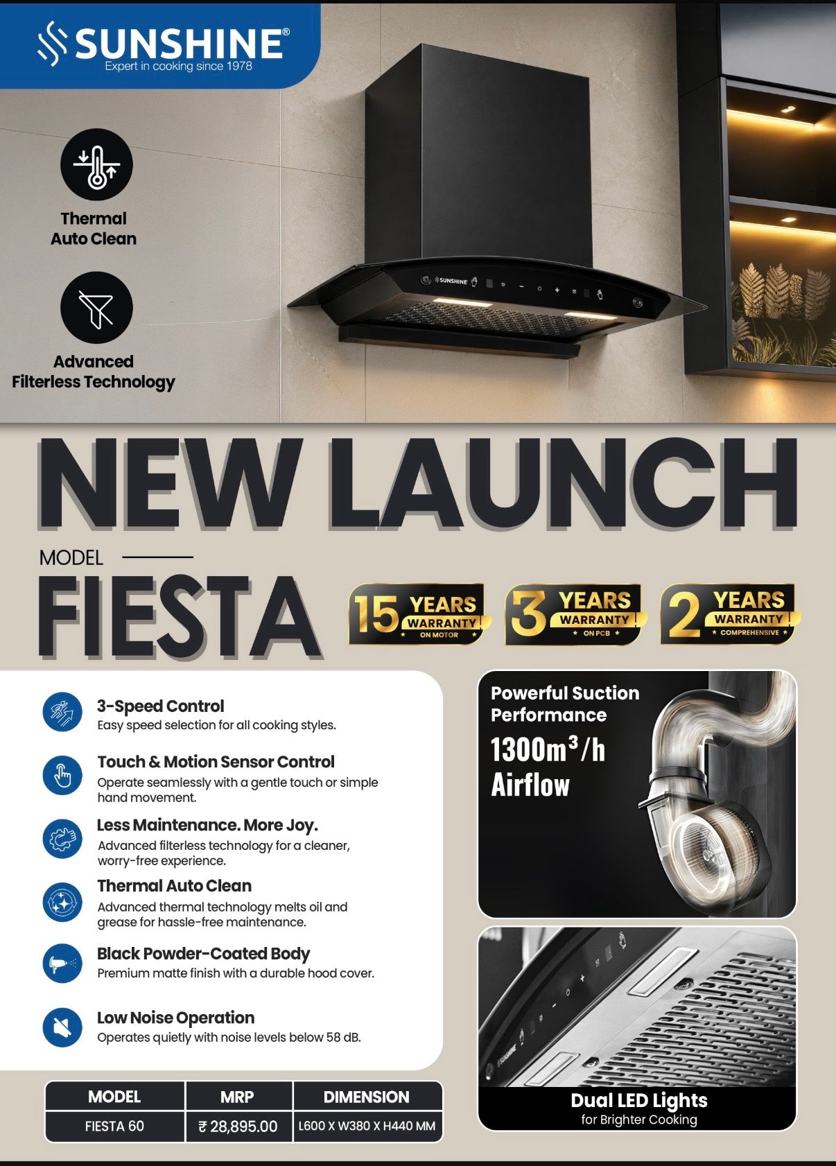 Fiesta 60 Matte Black Auto Clean Chimney | 1300 m³/h