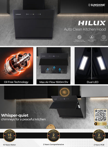 Hilux Auto-Clean Kitchen Chimney | 1500 m³/hr | Matt Finish | 60/75/90 CM