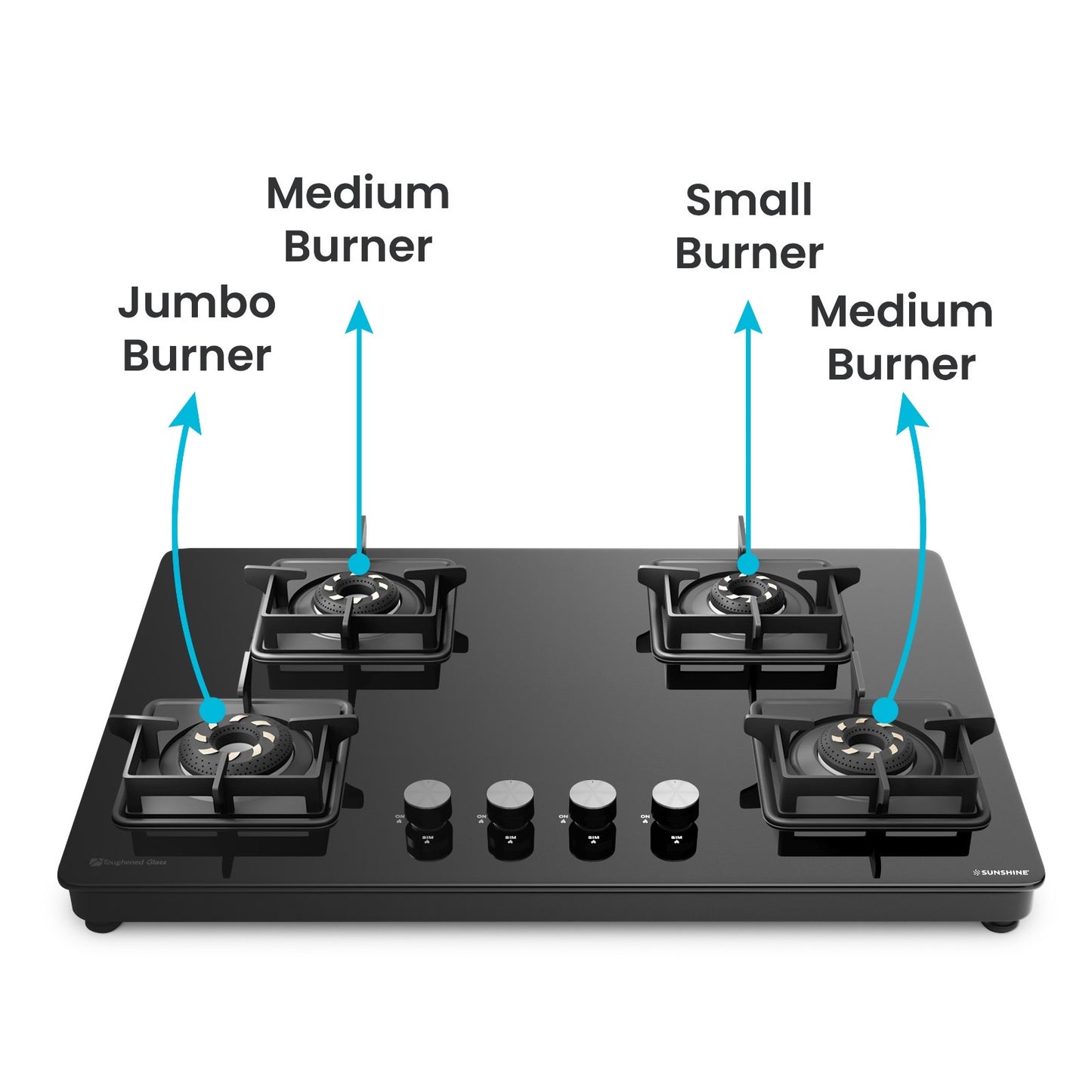 Sunshine Slimmest Magnite 4 Burner Glass Hob Top | SABAF Valves | Manual Ignition |