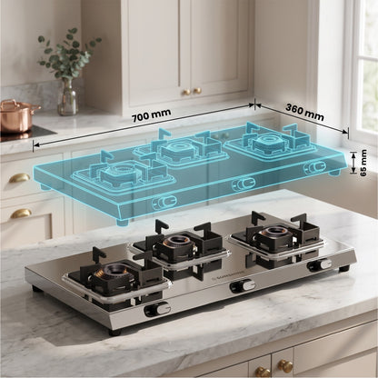 Thunder 3 Burner Stainless Steel Gas Stove | 5 Year Body & Burner Warranty | 5G Technology