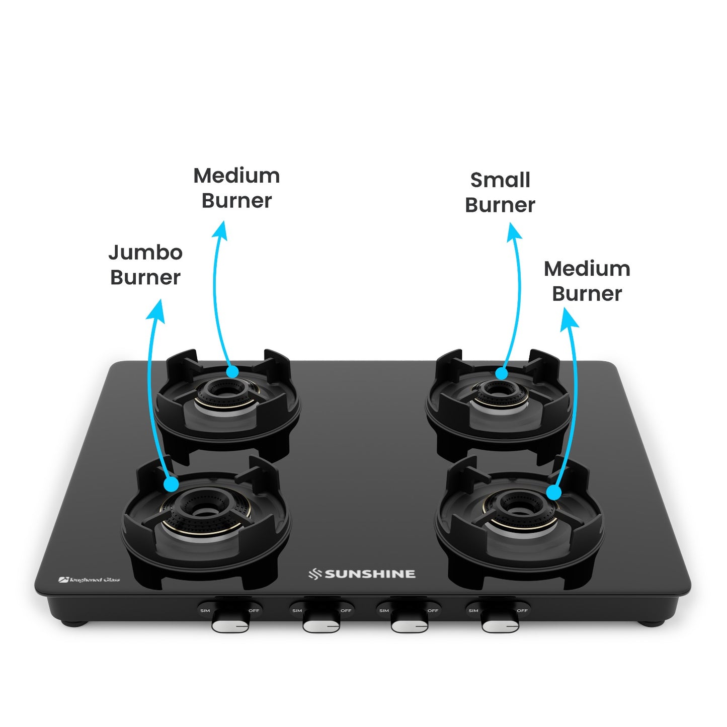 Sunshine Regal Pro 4 Burner Gas Stove Toughened Glass Cooktop Manual Ignition