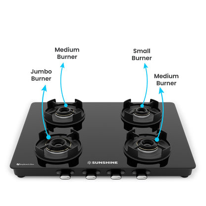 Sunshine Regal Pro 4 Burner Gas Stove Toughened Glass Cooktop Manual Ignition