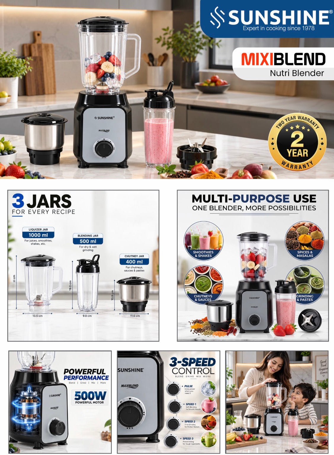 MaxiBlend Nutri Blender | 500W Mixer Grinder with 3 Jars