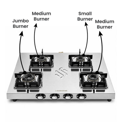 Thunder 4 Burner Stainless Steel Gas Stove | 5 Year Body & Burner Warranty | 5G Technology