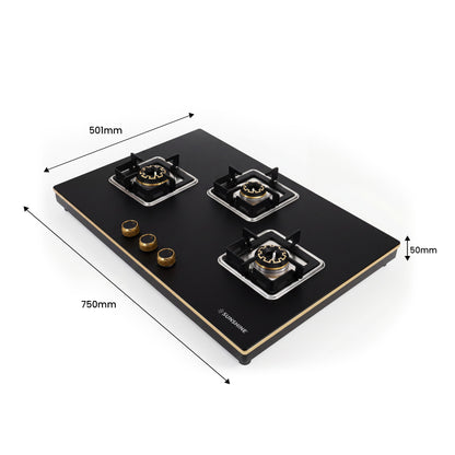 Shine Gold Hob Cooktop | SABAF Italian Valves | 3 & 4 Burners