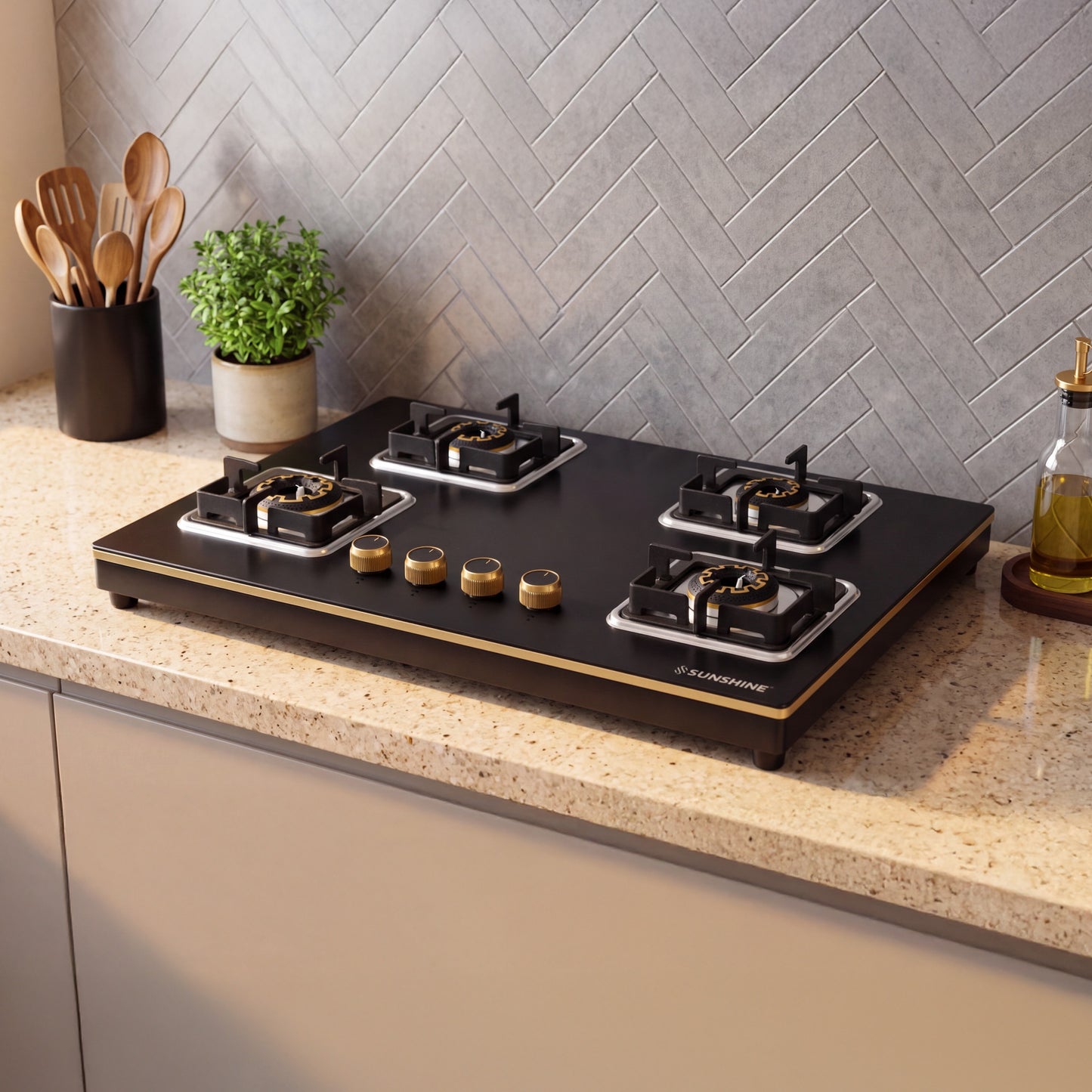 Shine Gold Hob Cooktop | SABAF Italian Valves | 3 & 4 Burners