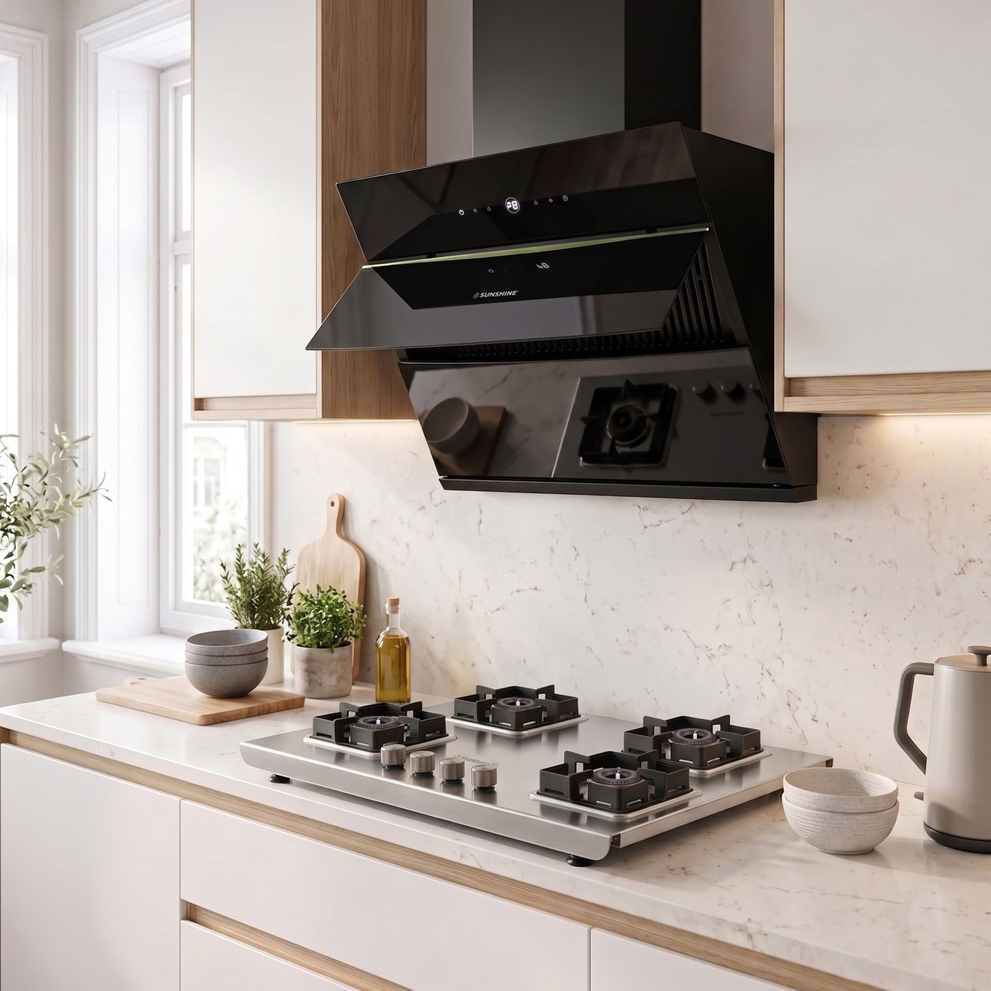 Sunshine Osaka 4 Burner Gas Stove | 10-year warranty on Burners & Valve | 2mm Stainless Steel |SABAF Valves | Matt Finish in a Kitchen Setup